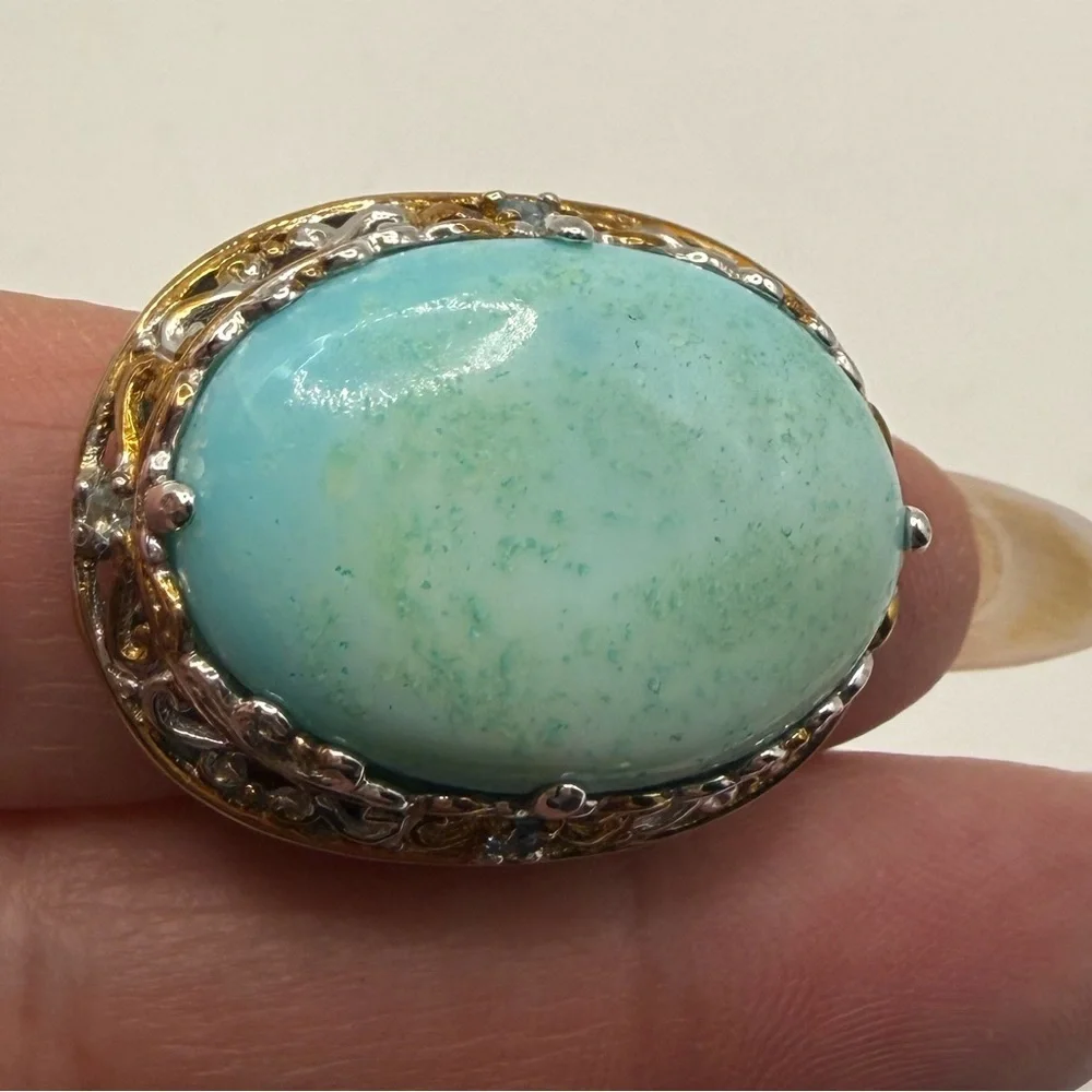 Gems en Vogue Turquoise Cabochon Ring 925 Sterling 18K Accents Size 7.5